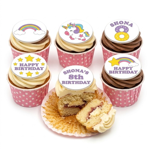 Six cupcakes with unicorn, rainbow, and star toppers, some with 'Happy Birthday' and custom age text, in pink polka dot cases.