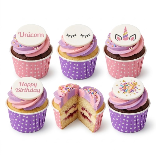 Unicorn birthday cupcakes with pink and purple frosting, unicorn horn, sleepy eyes, and 'Happy Birthday' toppers.