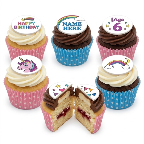 Vanilla and chocolate cupcakes with rainbow, unicorn, stars, and custom age toppers.
