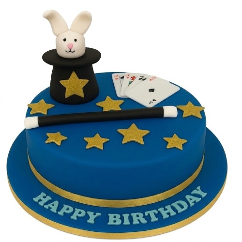 Round blue fondant cake with a rabbit in a black top hat, playing cards, a magic wand, and gold stars.