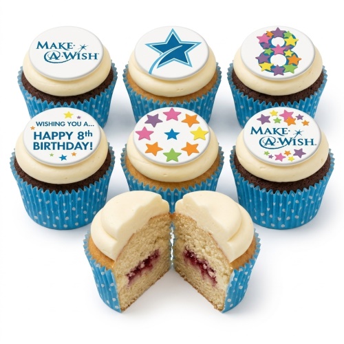Assortment of birthday cupcakes with white frosting and edible star-themed toppers, including a custom age '8' and "Happy Birthday" message.