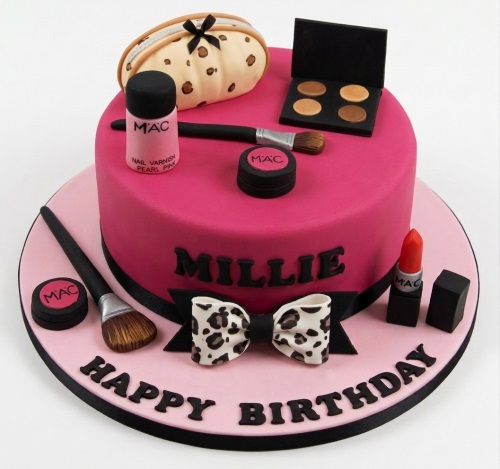 Pink single-tier birthday cake decorated with edible makeup items, a leopard print bow, and a personalised name.