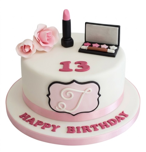 White single-tier birthday cake with pink roses, lipstick, makeup palette, and custom age topper.