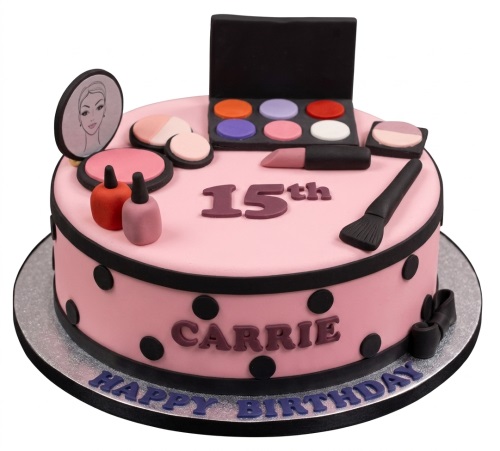 Pink makeup themed birthday cake with eyeshadow palette, lipstick, and brush decorations.