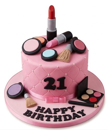 Pink single-tier birthday cake decorated with edible makeup items and a custom age topper.