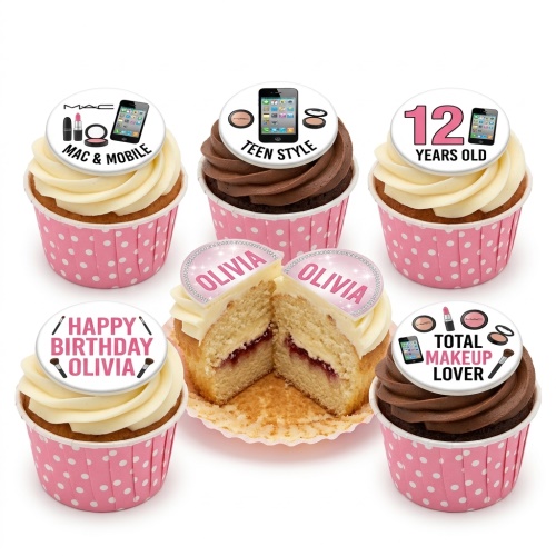 Assortment of birthday cupcakes with makeup and mobile phone themed toppers, some with custom age and personalised message.