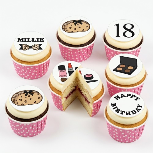 Makeup theme birthday cupcakes with beauty product and leopard print toppers, custom age and name examples.