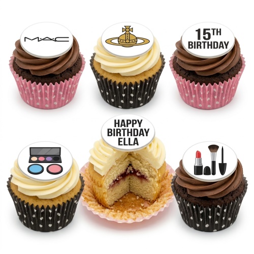 Assortment of designer and makeup themed birthday cupcakes with custom age and name toppers.