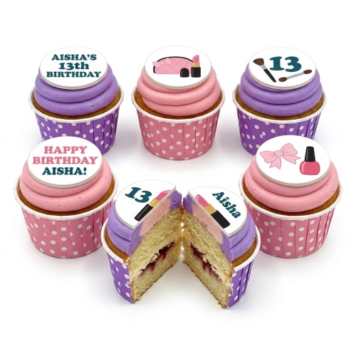 A selection of pink and purple cupcakes with makeup-themed edible toppers and custom age/name examples.
