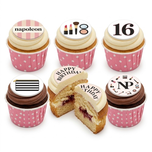 Six cupcakes with pink polka dot wrappers, decorated with makeup items, a striped bag, and a custom age topper.