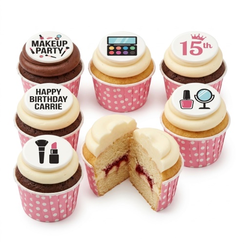 Birthday cupcakes with makeup decorations, eyeshadow palette, and custom age topper.