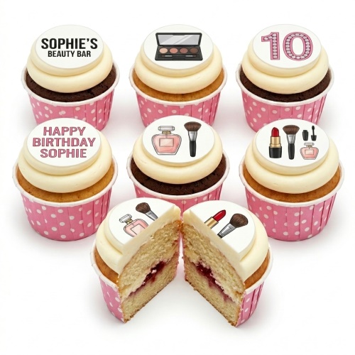 Set of beauty and makeup themed birthday cupcakes with custom age and personalised message options.