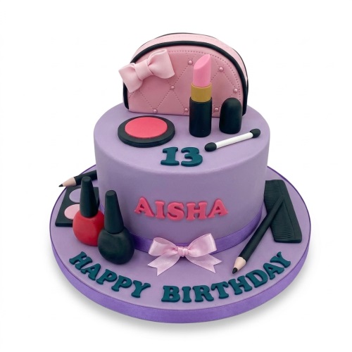 Two-tier lavender makeup theme birthday cake with edible cosmetics, custom age topper, and personalised message.