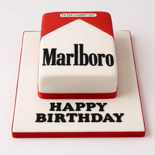 Red and white Marlboro cigarette packet shaped birthday cake with "Happy Birthday" message.