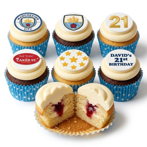 Selection of Manchester City themed birthday cupcakes with custom age and star toppers, some with chocolate and vanilla sponge.