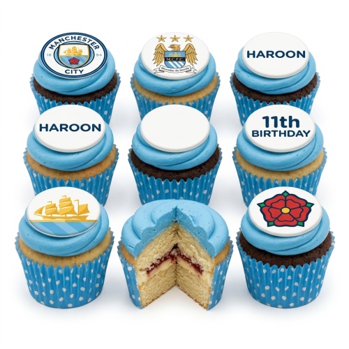 Manchester City football cupcakes with blue frosting and club logos. Includes custom name and age toppers.