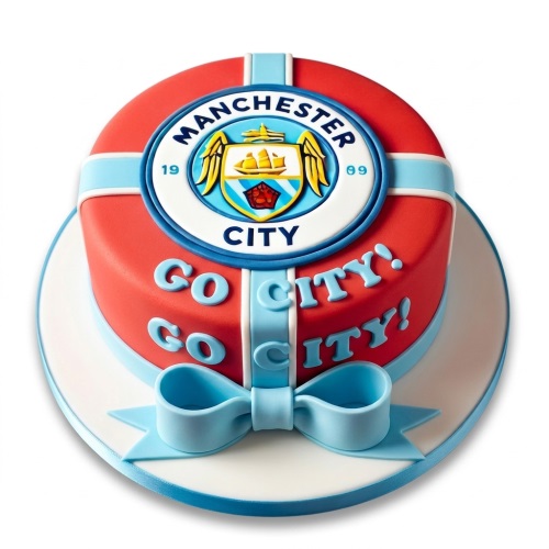 Round red and blue Manchester City football birthday cake with club crest and "Go City!" text.