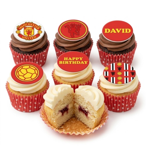 Manchester United themed birthday cupcakes with club crests, football designs, and 'Happy Birthday' message.