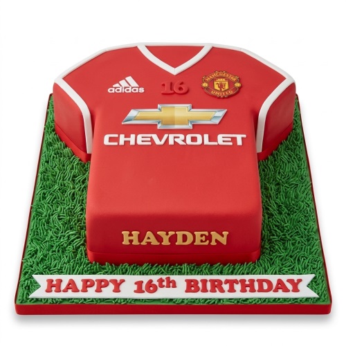 Red Manchester United football shirt birthday cake with custom age and name.