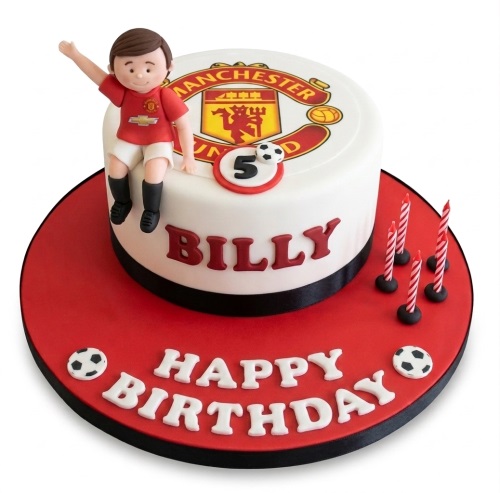Round white and red football birthday cake with Manchester United logo, player figure, custom age topper, and personalised name.