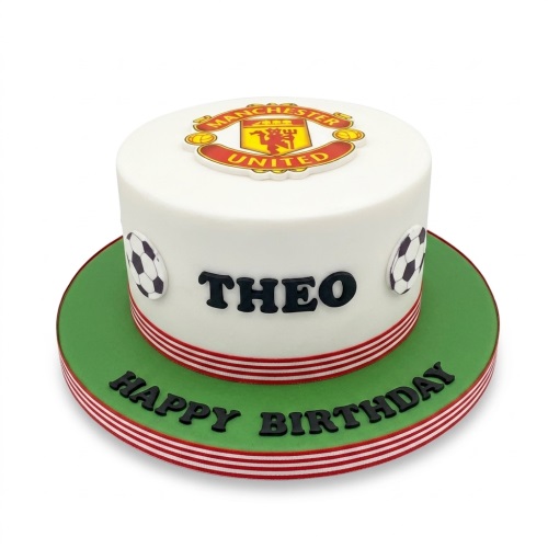 Round white Manchester United themed birthday cake with club crest, footballs, and a personalised message.