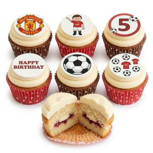 Manchester United themed birthday cupcakes with club crest, footballs, a cartoon boy, and a custom age topper.