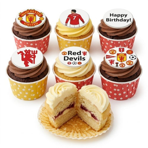 Manchester United themed cupcakes with club crests, Ronaldo player, and "Happy Birthday" topper.
