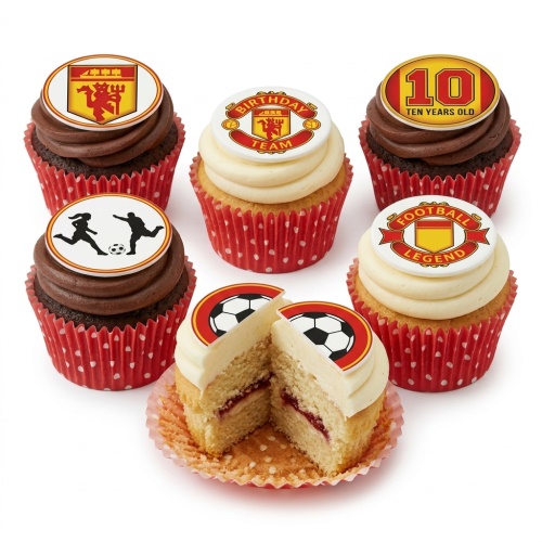 Manchester United themed cupcakes with footballs, team crests, and birthday messages.