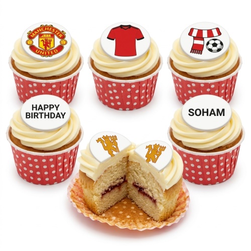 Manchester United themed cupcakes with club logo, red jersey, scarf, and football designs.