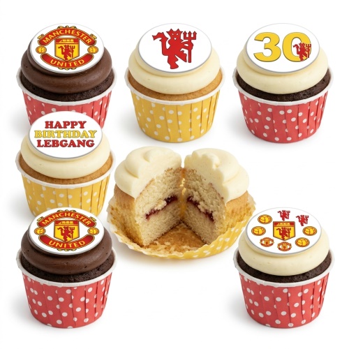 Manchester United football themed cupcakes with club crest and Red Devil logos, some with custom age and birthday message.