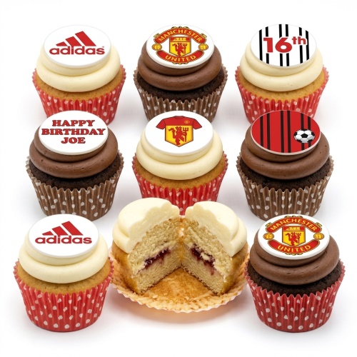 Manchester United themed birthday cupcakes with club crests, Adidas logos, football designs, and custom age/name toppers.