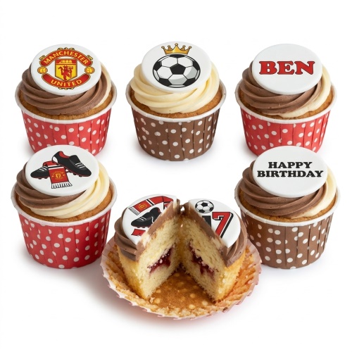 Manchester United football themed cupcakes with various toppers including club logo, football, boots, scarf, and custom message examples.
