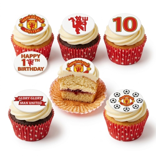Manchester United themed cupcakes with club crests, devil logo, footballs, and custom age toppers in red and white cases.