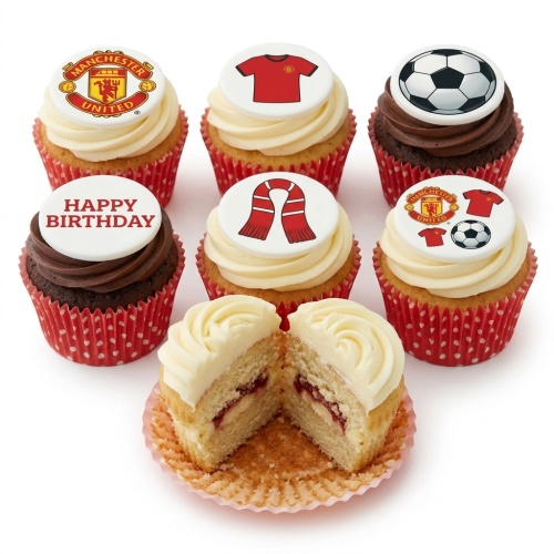 Manchester United themed birthday cupcakes with club logo, football shirt, scarf, and football toppers.