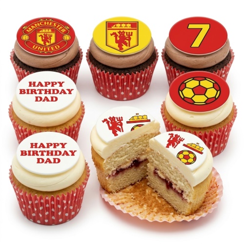 Manchester United themed cupcakes with club crests, footballs, and "Happy Birthday Dad" message.