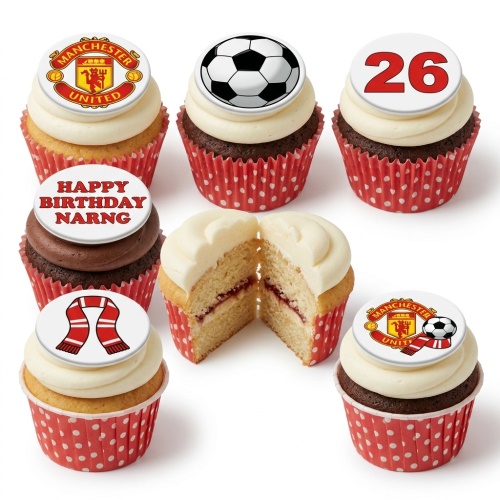 Manchester United themed birthday cupcakes with club crest, football, scarf, custom age, and message toppers.