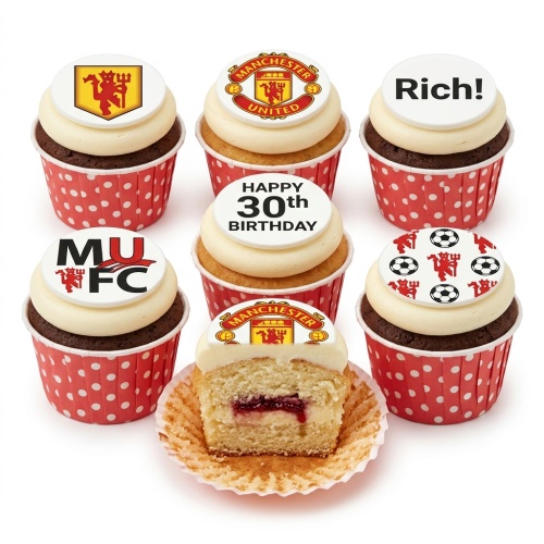 Manchester United football themed cupcakes with club crests and custom age topper.