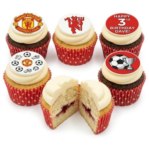 Manchester United themed birthday cupcakes with club logos, footballs, and a trophy, in red polka dot cases.
