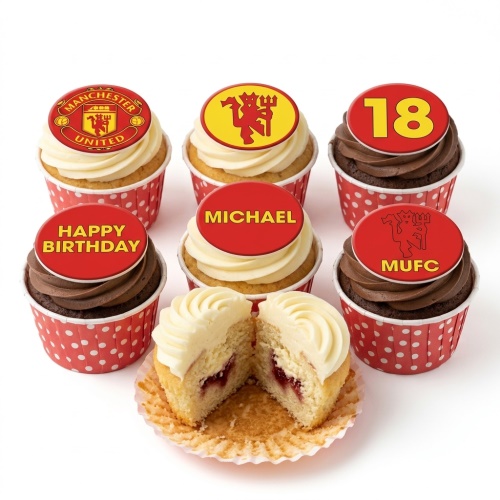 Manchester United themed cupcakes with club crests, devil logo, custom age and name toppers, and 'Happy Birthday' message.