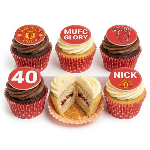 Set of six Manchester United themed cupcakes with red and white toppers, some with club logos, one with 'MUFC GLORY', and one with a custom age number.