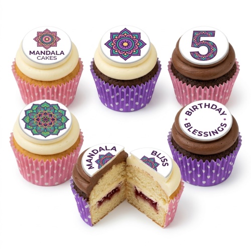 Six cupcakes with vibrant mandala design toppers, including a custom age topper and 'Birthday Blessings' message.