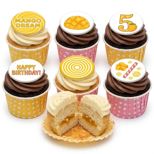 Mango-themed birthday cupcakes with white and brown frosting, polka dot cases, and custom age and message toppers.