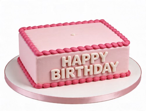Rectangular pink birthday cake with "Happy Birthday" in white letters and pink piped borders.