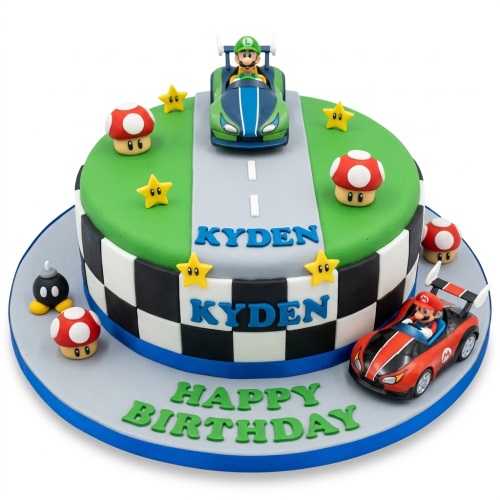 Round Mario Kart themed birthday cake with Mario and Luigi figures, mushrooms, stars, and a custom name.