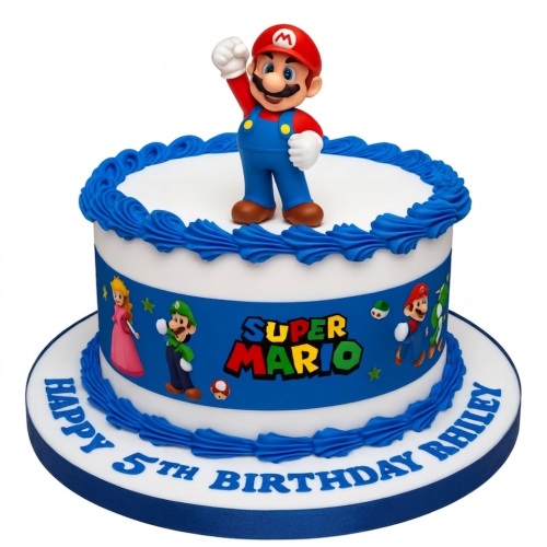 Round white and blue Super Mario themed birthday cake with a Mario figurine topper, character wrap, and blue piped icing.