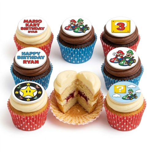 Mario Kart themed cupcakes with Mario and Luigi characters, star, and question block toppers, on vanilla and chocolate frosted cupcakes.