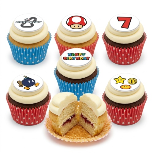 Mario Kart themed cupcakes with white frosting, featuring game character toppers and a custom age number.
