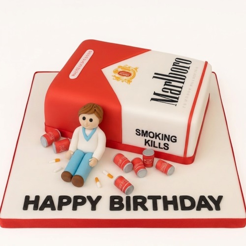Novelty Marlboro cigarette packet birthday cake with a sitting figure, cans, and cigarettes.