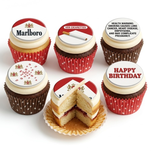 Set of Marlboro themed birthday cupcakes with brand logo, cigarette, health warning, and 'Happy Birthday' topper.