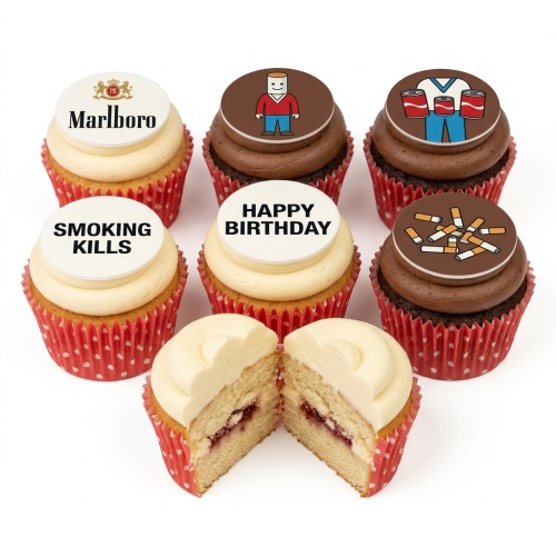 Adult birthday cupcakes with Marlboro, smoking, drinking, and Happy Birthday toppers.